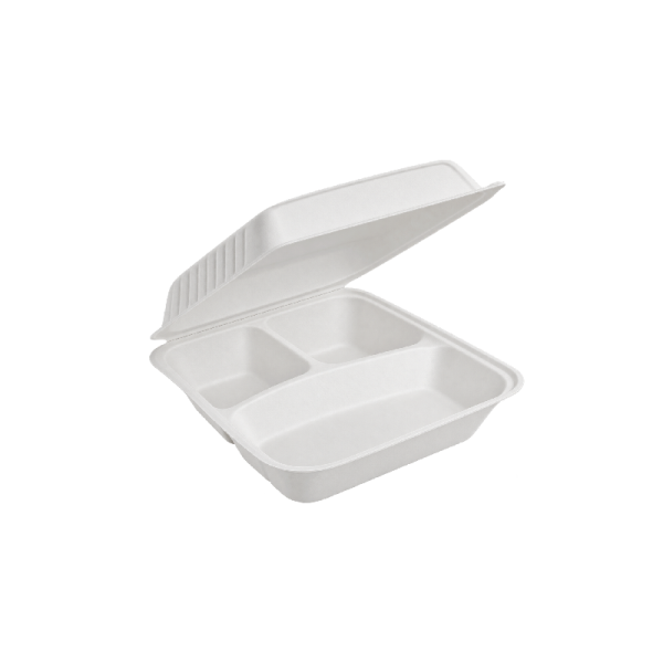 Sugarcane Three Compartment Clamshell White 1