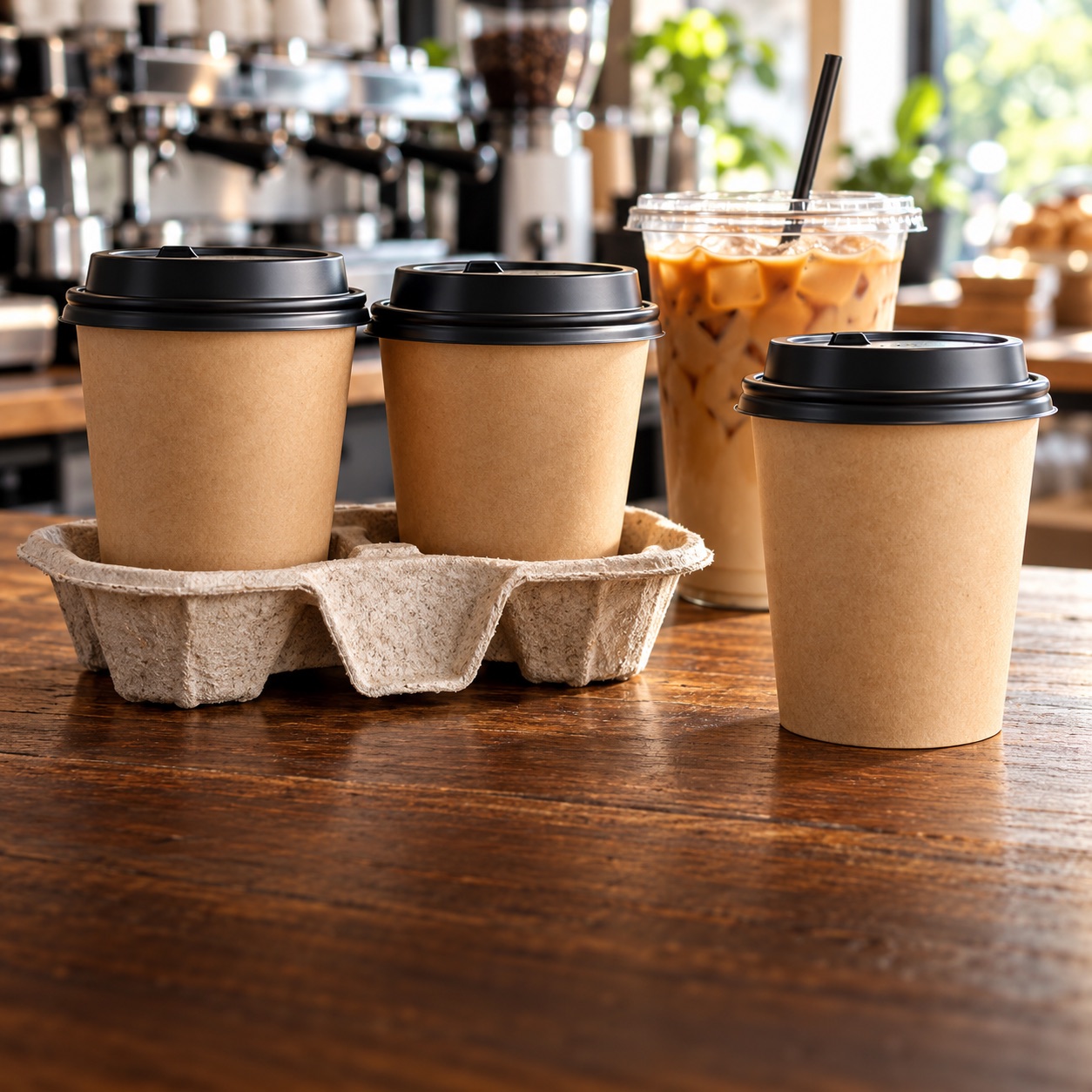Takeaway coffee cups with lids and a moulded cup carrier