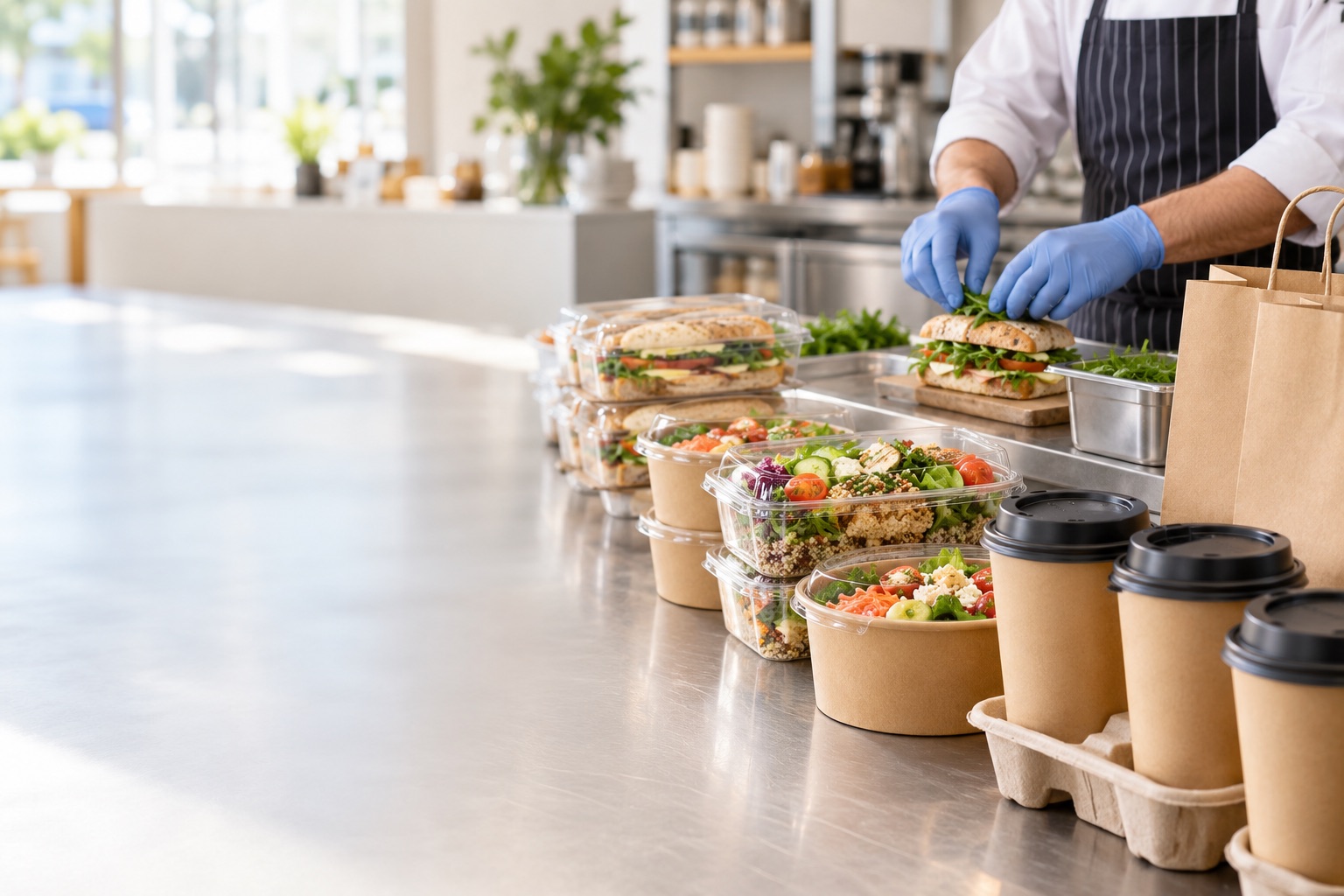 Takeaway packaging and coffee cups on a cafe counter
