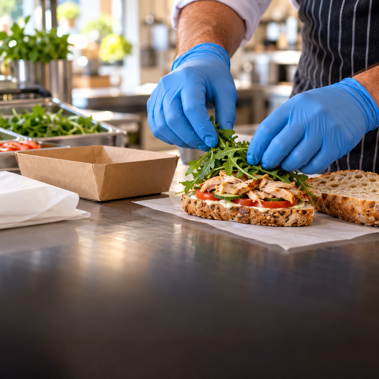 Blue disposable gloves used for sandwich preparation