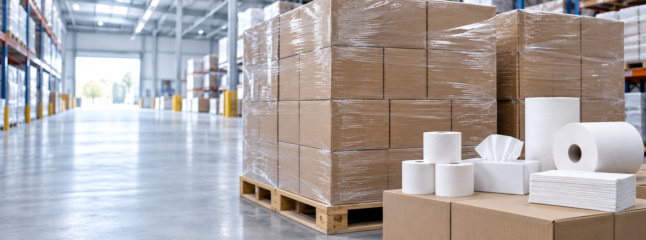 Pallets of cartons and paper essentials in a warehouse