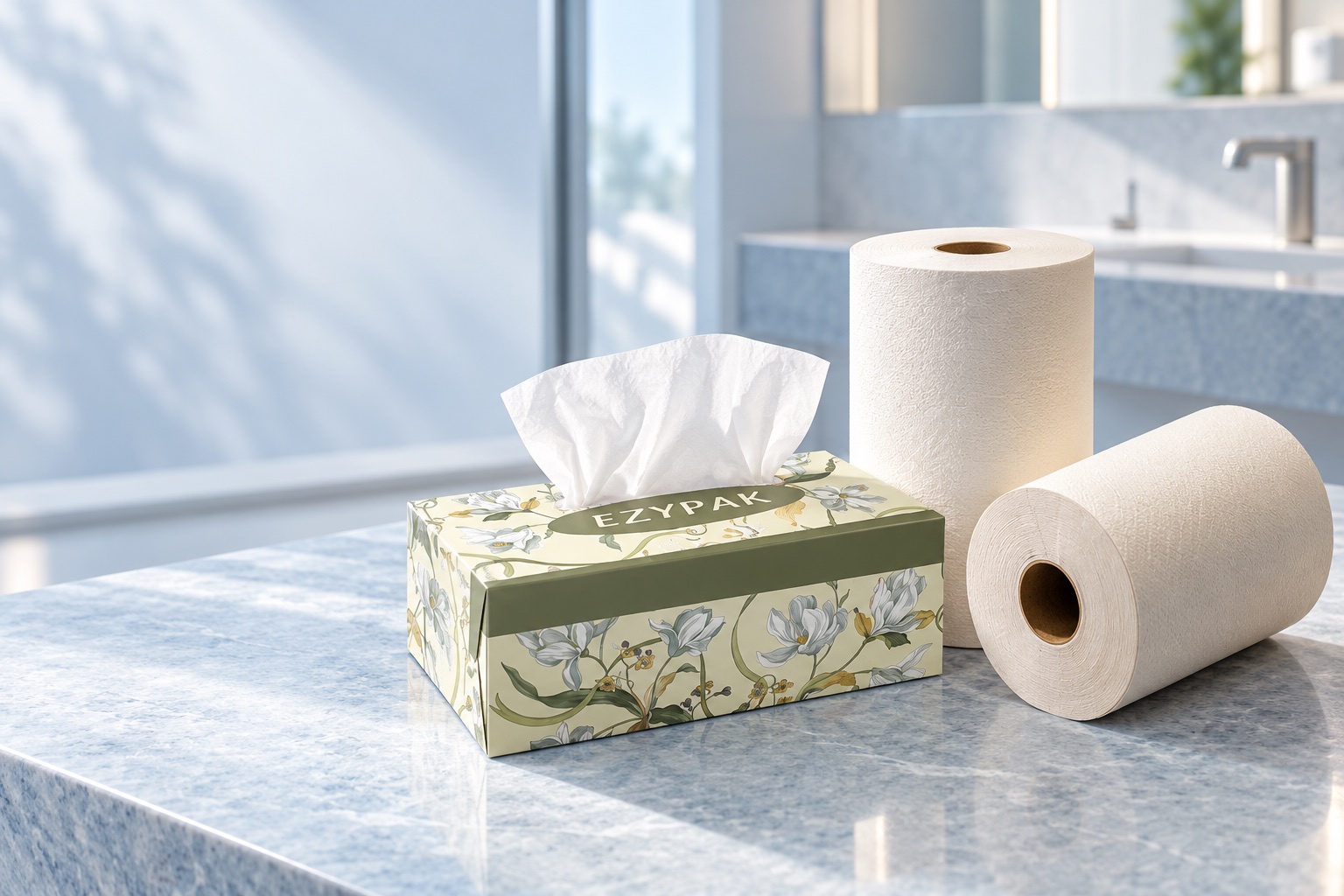 EZYPAK floral facial tissue box and white hand towel rolls on a blue-grey counter